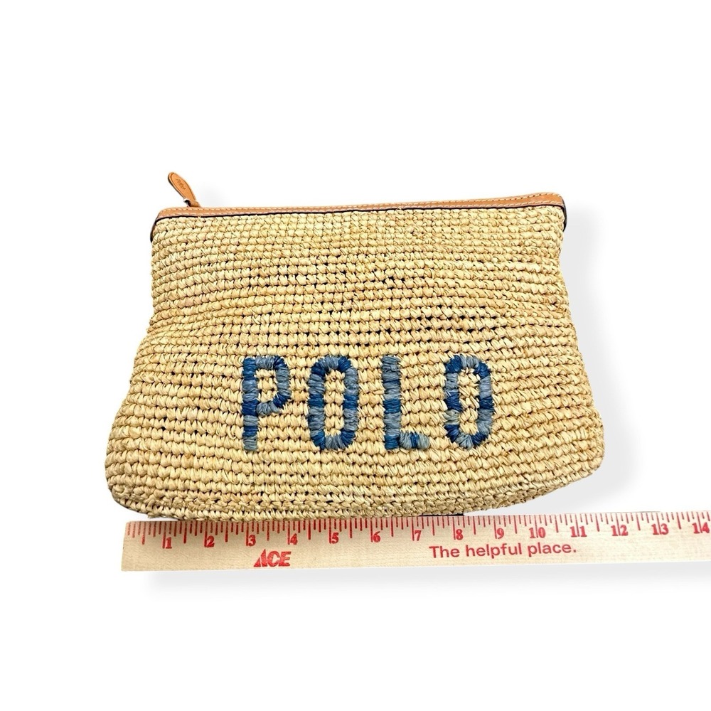 NEW Polo Ralph Lauren Natural Raffia Cow Leather Pouch Wallet Clutch Small Zip - Picture 10 of 13